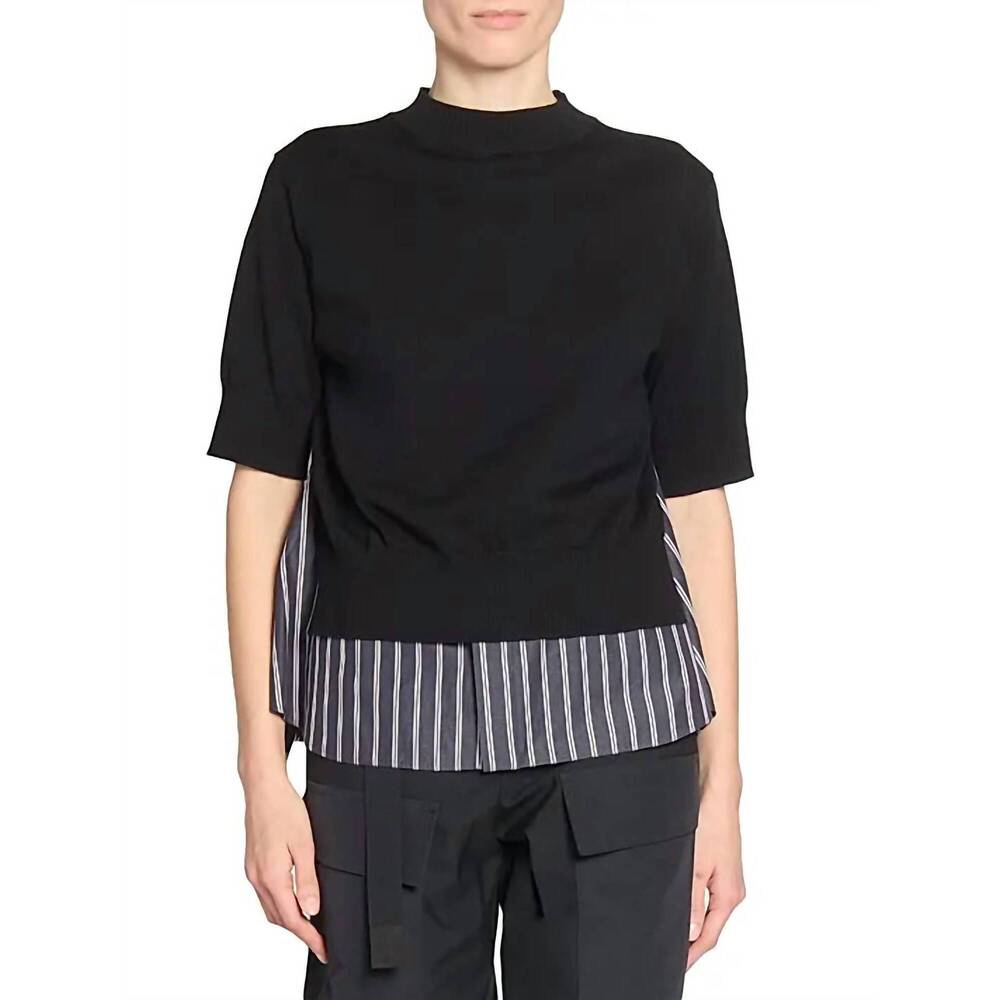 NEW SACAI striped pleated panel knit pullover in black/navy stripe